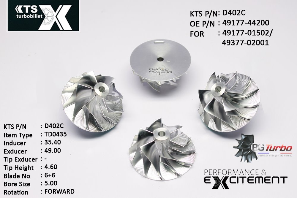 Turbo ROUE FORGÉE MFS PERFORMANCE - 6+6 PALES - INDUCER : 35,4 - EXDUCER : 49 - TYPE : TD0435ANGLE : 50° - ROTATION : Forward - SUPER BACK : 0 - BORE SIZE : 5
